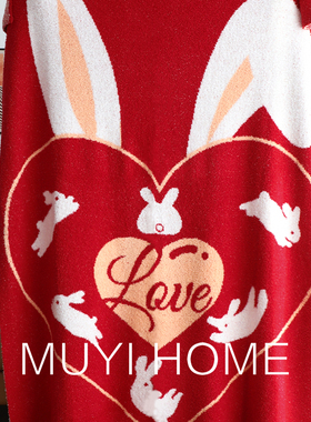 兔年限定原创爱心兔子加绒盖毯新年红色本命年毛毯沙发毯子休闲毯