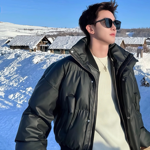 冬季 羽绒服男款 痞帅加厚宽松cleanfit面包服棉服 立领美式 PU皮短款