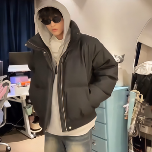 美式潮牌立领PU皮短款男女同款羽绒棉服男黑色宽松加厚免洗潮外套