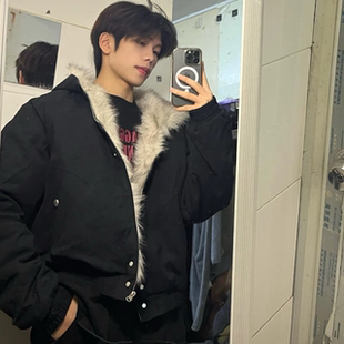 连帽毛领棉服潮牌高街痞帅宽松外套 短款 冬季 港风座山雕羽绒服男款