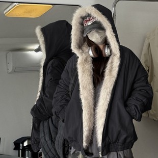 棉衣外套男 保暖短款 美式 cleanfit毛领连帽座山雕情侣羽绒服冬季