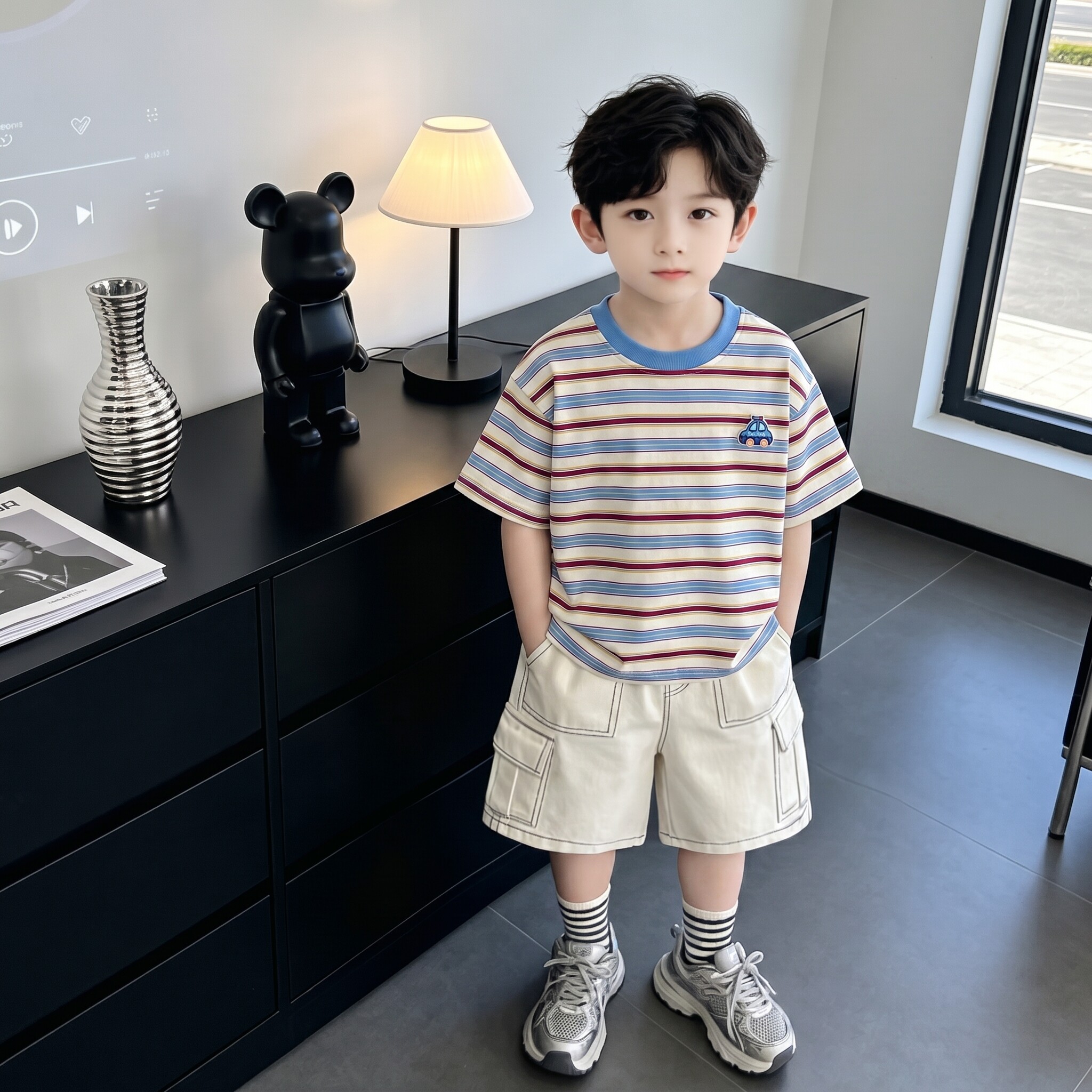 男童夏装套装2026新款宝宝时髦条纹短袖儿童夏季男孩酷帅两件套潮