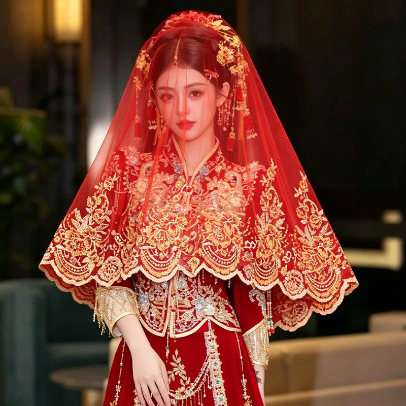 新娘红盖头结婚刺绣半透明网纱头纱红色秀禾服新中式婚礼蒙头纱巾图片