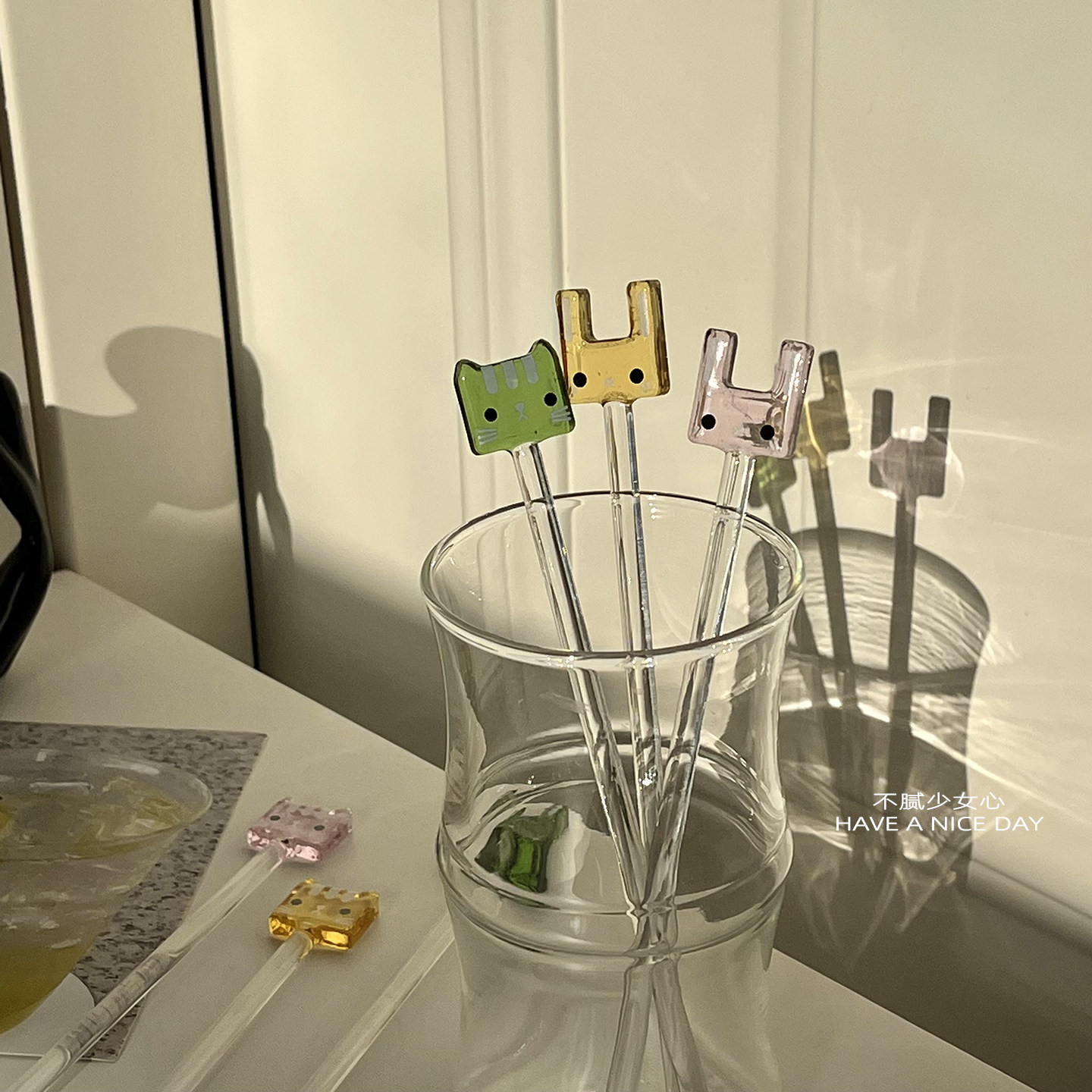 糖果色透明玻璃搅拌棒猫咪小兔子耐高温调酒棒奶粉咖啡搅拌器