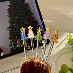 可爱立体圣诞树玻璃搅拌棒长柄透明咖啡麦片搅拌勺果汁牛奶调酒棒