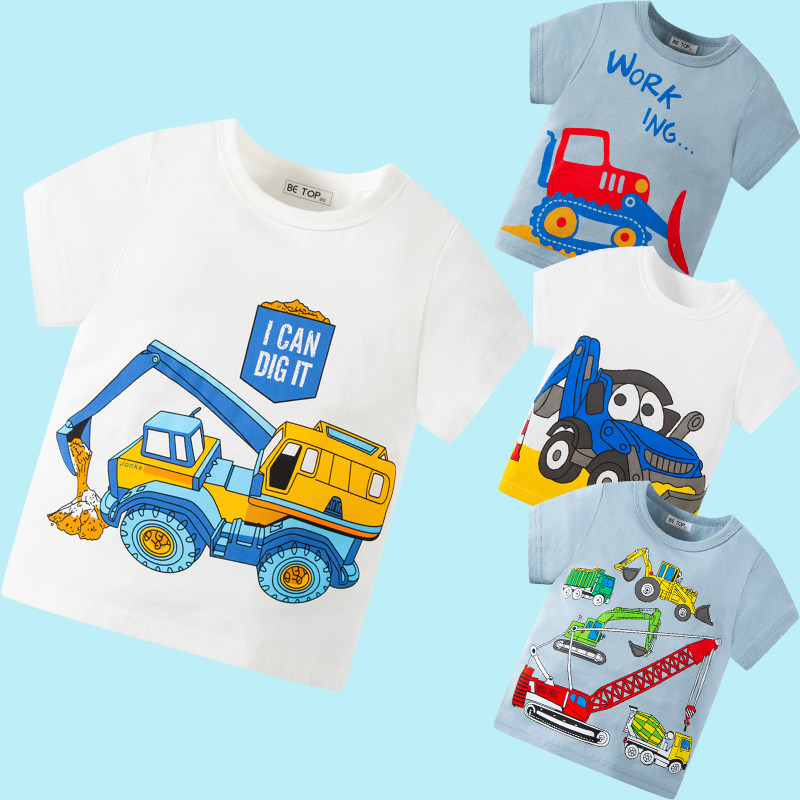 挖掘机衣服男童A类纯棉工程铲车搅拌泥土车卡通儿童短袖T恤夏装薄