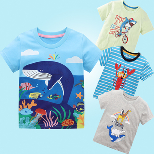 海洋T恤儿童纯棉卡通蓝鲸鲨鱼企鹅章鱼男宝女童速干短袖上衣夏装