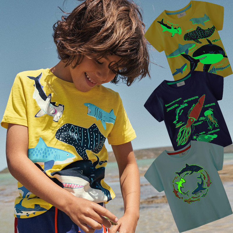 带图鲨鱼t恤夏季纯棉短袖上衣海洋世界水母夜光男小童衣服薄酷帅
