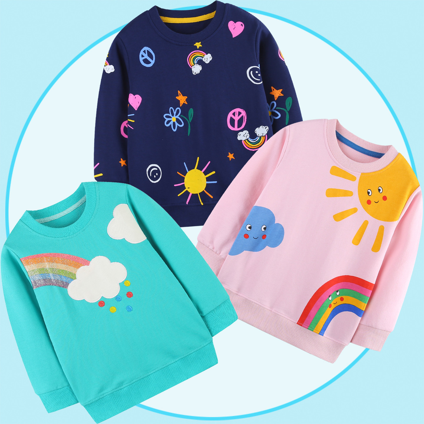 彩虹女童不加绒卫衣春秋纯棉毛圈薄款太阳中童上衣内搭儿童小衫冬