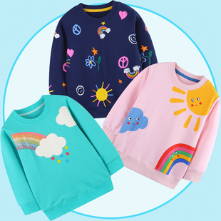 彩虹女童不加绒卫衣春秋纯棉毛圈薄款中童上衣贴身内搭儿童小衫冬