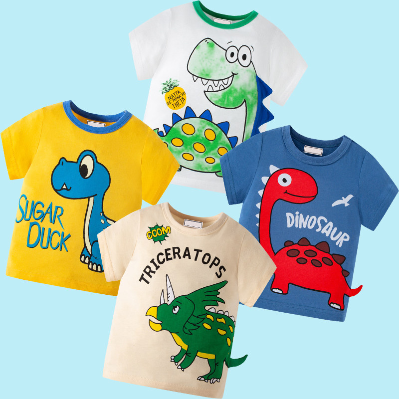 三角龙儿童短袖t恤夏100%纯棉卡通立体恐龙尾巴2-9岁中小男孩上衣