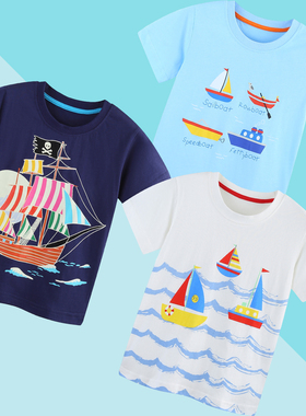 帆船T恤儿童夏季纯棉薄款卡通短袖衣服轮船海洋美式中小男童上衣