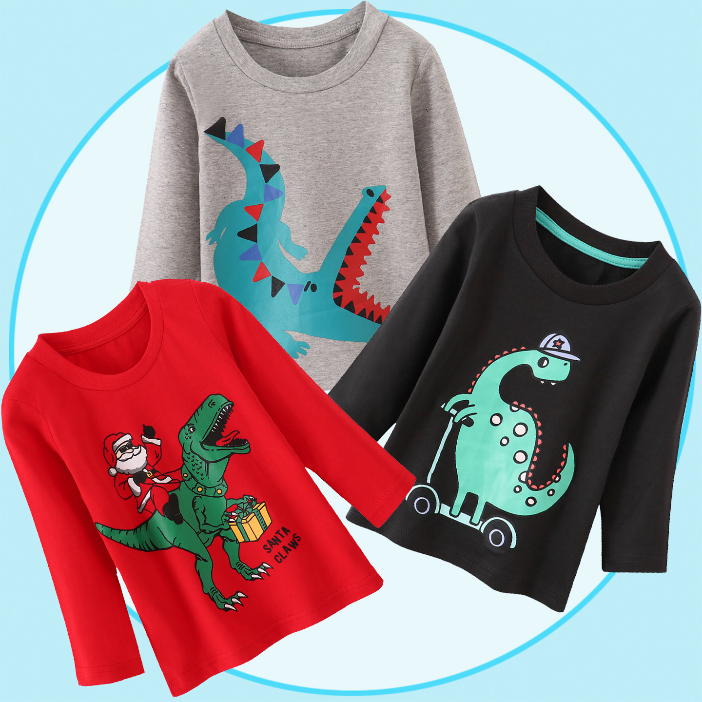 恐龙衣服男童打底衫秋冬纯棉圣诞霸王龙鳄鱼新年红色长袖T恤上衣