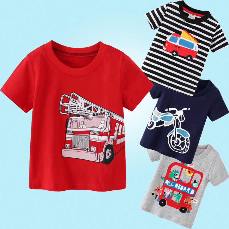消防车T恤儿童纯棉夏泥土卡车起重吊机工程车红色幼儿男童短袖衫