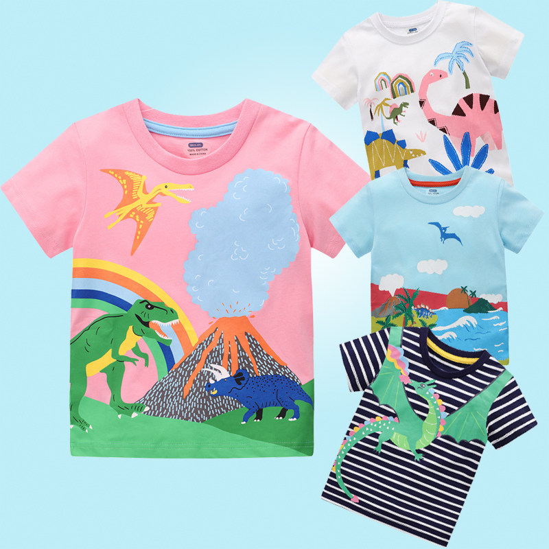 女童恐龙T恤速干夏装腕龙翼龙三角霸王龙卡通男童粉色短袖衣服薄