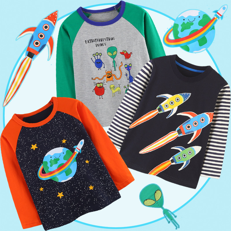 外穿打底衫男童火箭儿童长袖T恤薄款纯棉地球外星人夜光春秋衣服