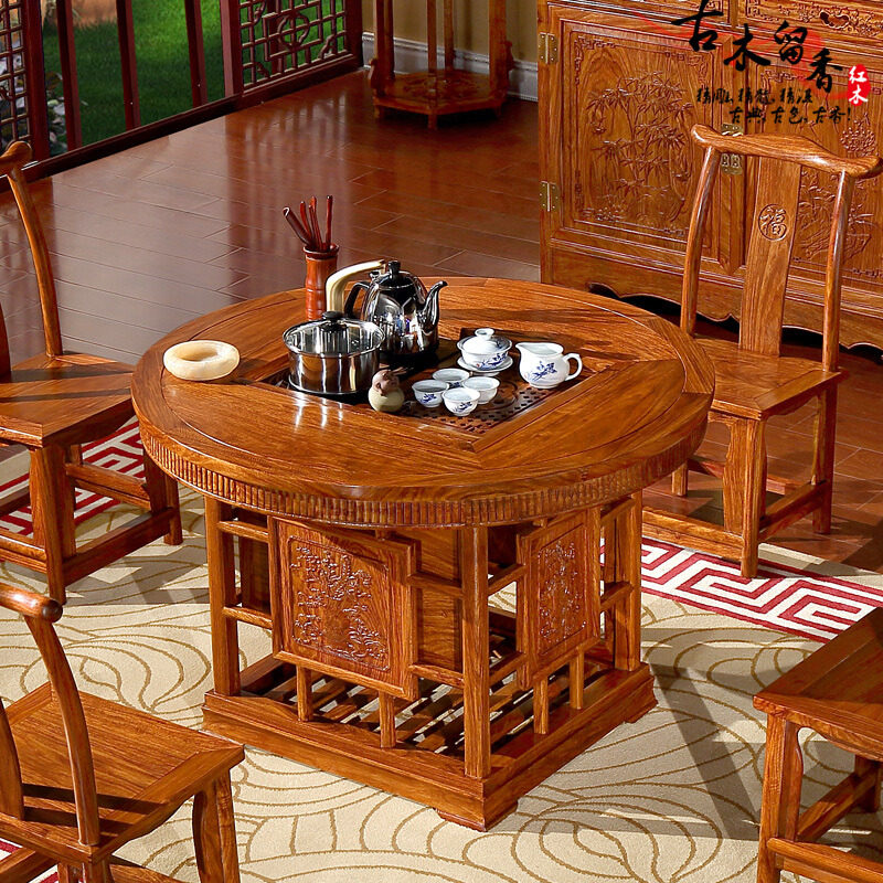 红木茶台 非洲花梨木刺猬紫檀圆形茶台 功夫茶桌 实木泡茶桌 茶几