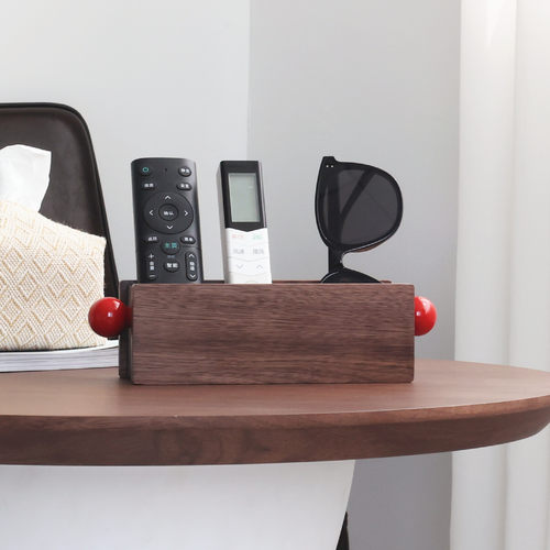 奶油中古风胡桃木电视遥控器收纳盒客厅床头杂物眼镜收纳实木笔筒