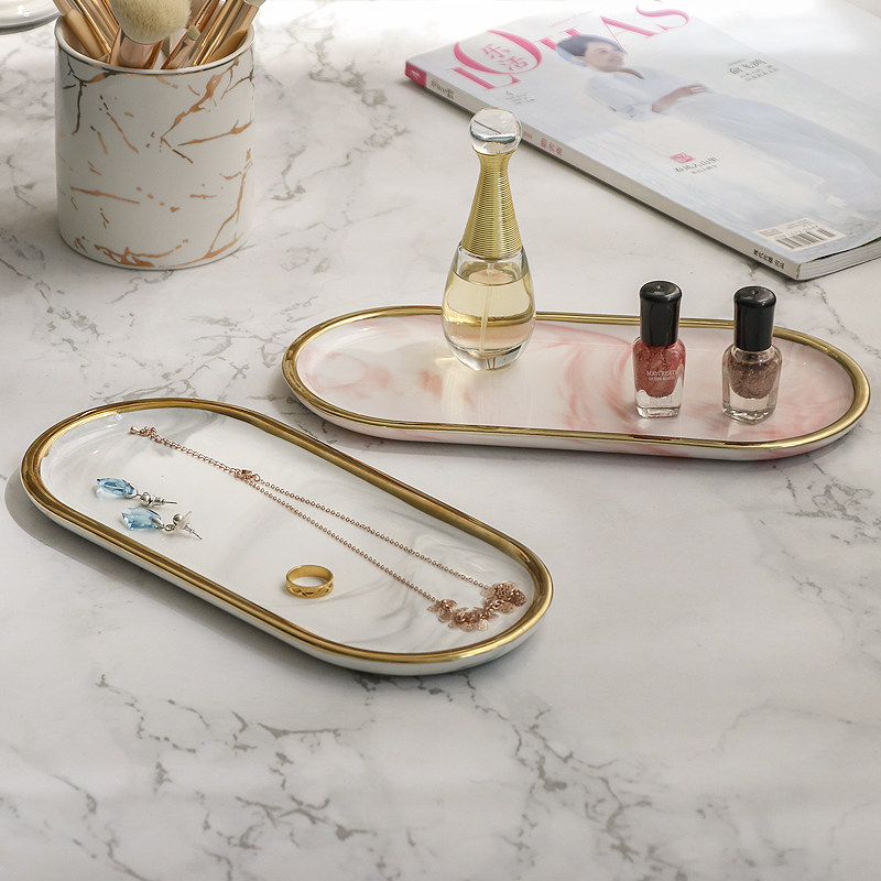 北欧ins风化妆品香水首饰收纳盘金边 大理石纹陶瓷水杯托盘家用,收纳整理,桌面收纳盒,淘宝优惠券,粉丝福利购,淘宝优惠卷