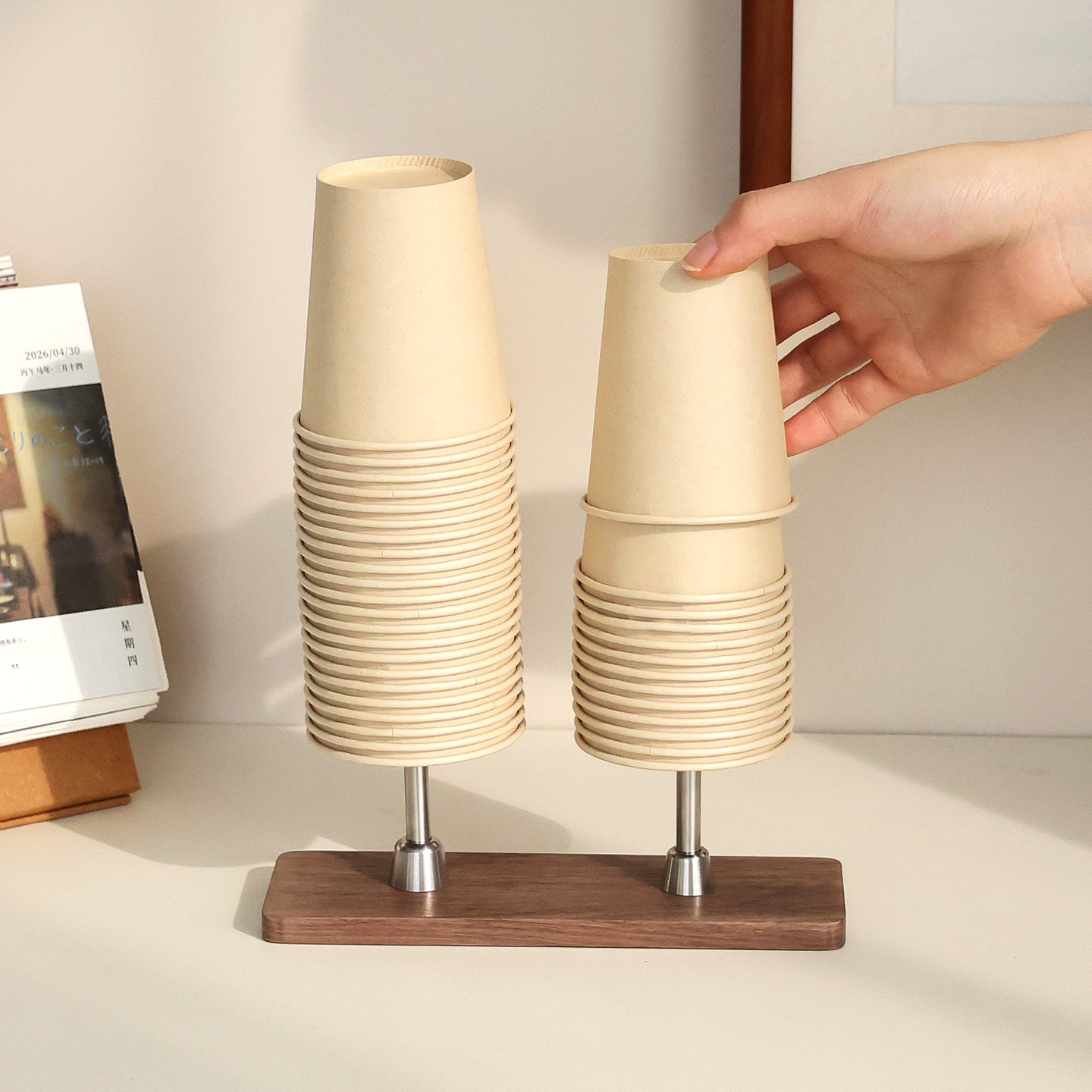 创意黑胡桃木收纳架奶茶杯咖啡茶水杯商用纸杯架一次性杯子取杯器