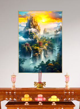 仙家堂口山水画背景墙招财堂单暗堂风景装饰画东北无活物亭子挂画
