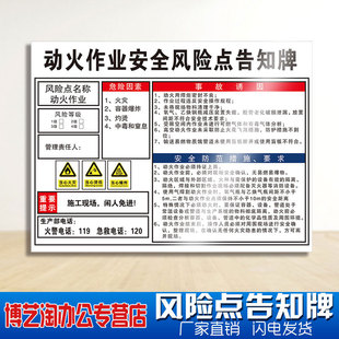 动火作业安全风险点告知牌 配电房机械设备生产车间伤害空压注塑叉冲铣钻床行车岗位警危险源提示标识卡定做