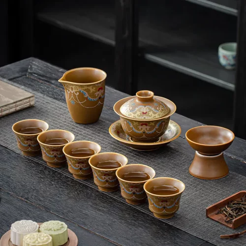 轻奢复古粗陶茶具套装陶瓷功夫盖碗提梁壶茶具办公会客家用泡茶器
