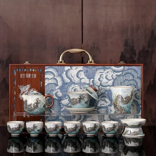 汝窑开片可养碧海墨龙陶瓷茶具套装茶壶盖碗办公家用泡茶功夫茶具