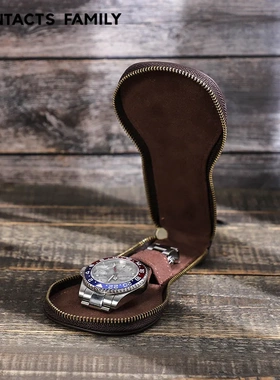 contacts family手表收纳盒疯马皮复古创意真皮高档拉链手表皮套