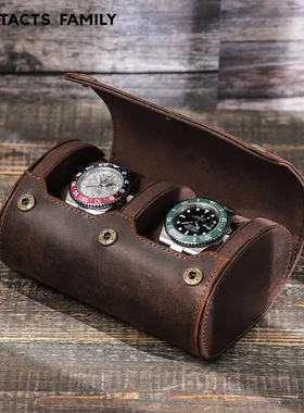 contacts family复古疯马皮手表盒便捷式户外旅行情侣手表收纳盒