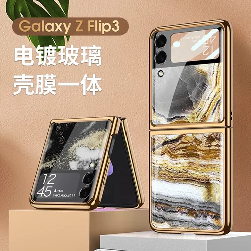 适用于三星zflip3手机壳创意电镀彩绘钢化玻璃壳后盖壳膜一体外壳