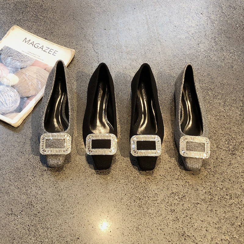 法式方头呢子粗跟气质单鞋女2026年春季新款时尚水钻扣低跟晚晚鞋,女鞋,浅口单鞋,淘宝优惠券,粉丝福利购,淘宝优惠卷