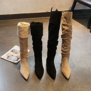 翻领两穿内增高褶皱堆堆靴女秋冬2025年新款绒面尖头显瘦高筒长靴