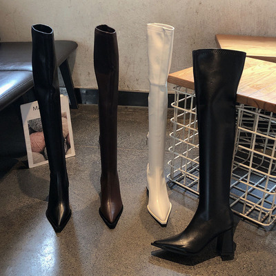 欧美长筒过膝靴粗跟高跟性感尖头