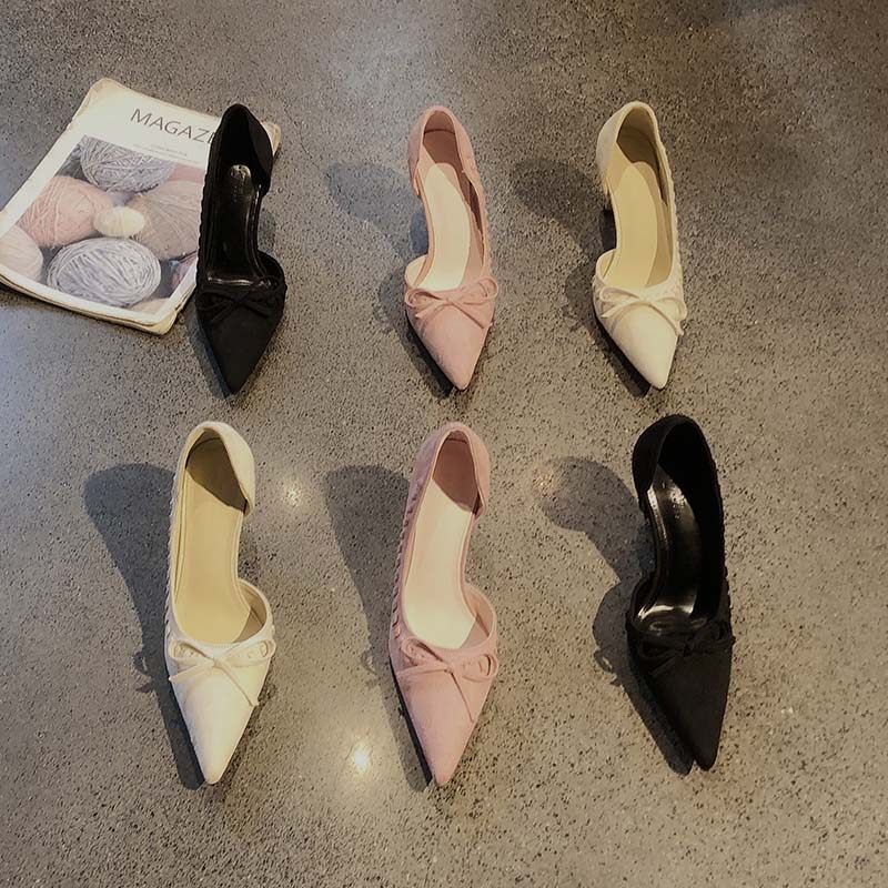 法式绒面尖头气质高跟鞋女2026年春季新款甜美蝴蝶结浅口细跟单鞋,女鞋,浅口单鞋,淘宝优惠券,粉丝福利购,淘宝优惠卷