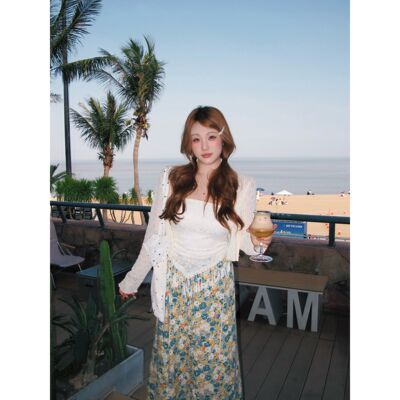 现货【丝丝日记】“椰林花裙”显瘦垂感海边度假法式黄色碎花裙