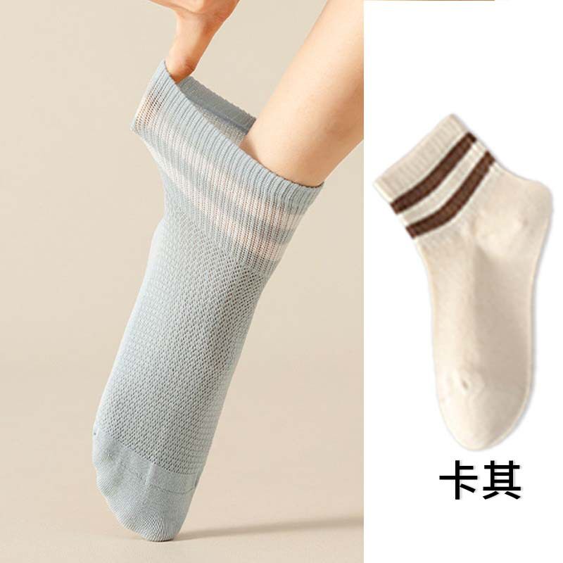 纯色双杠袜子女春夏季简约网眼透气中筒学生袜学院风百搭女棉短袜