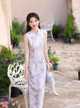 新中式国风年轻款绝美紫色旗袍枝叶印花2026夏季日常少女感连衣裙