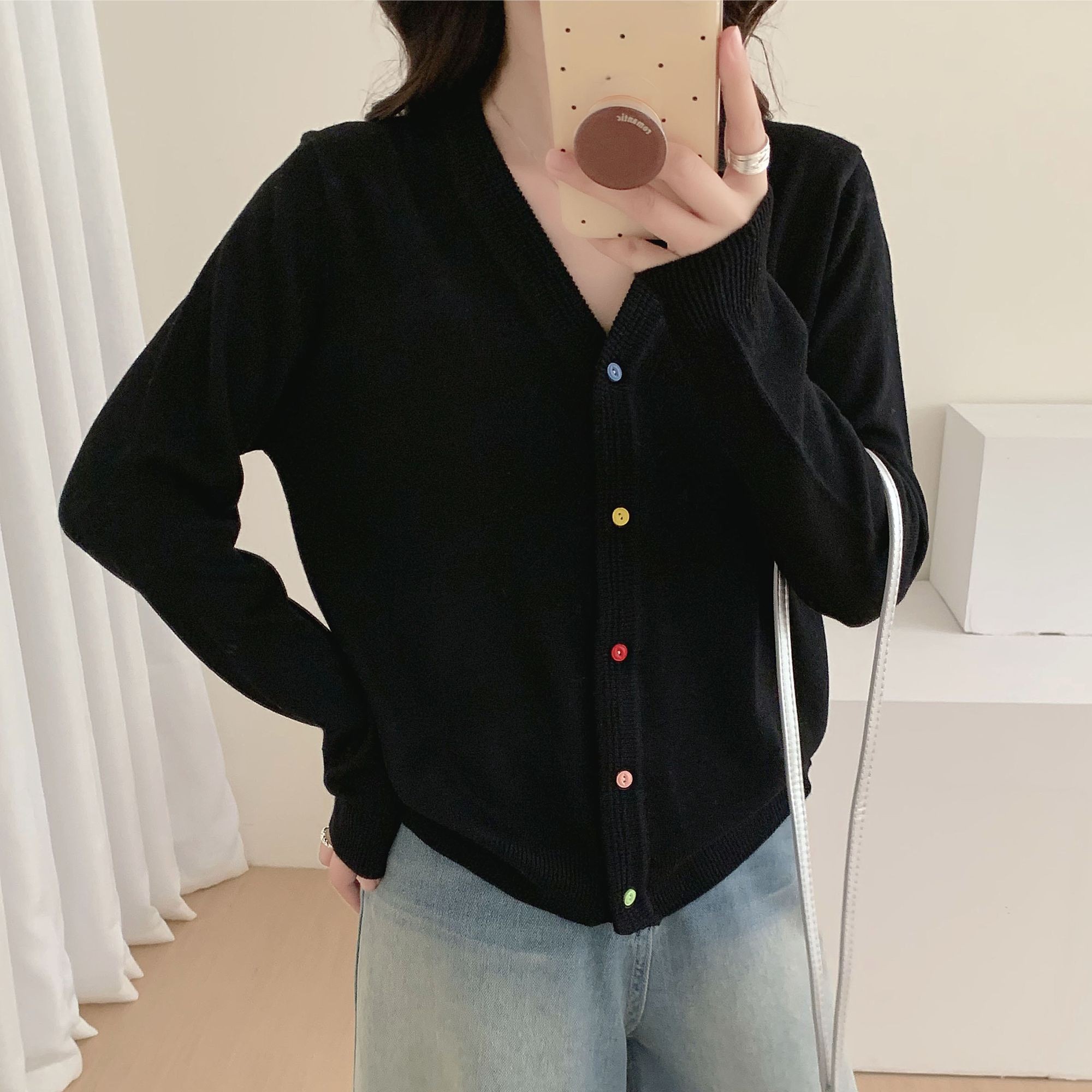 V领薄款针织开衫创意撞色糖果纽扣简约宽松显瘦通勤长袖外搭上衣