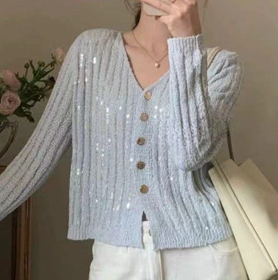小香风轻奢亮片针织开衫女亮闪闪V领薄毛衣外套长袖早春chic上衣