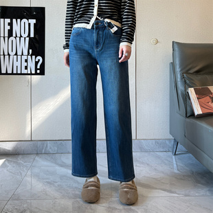 瑞瑞家 美拉德加绒牛仔裤女秋冬新款咖色直筒法棍裤弹力九分裤潮