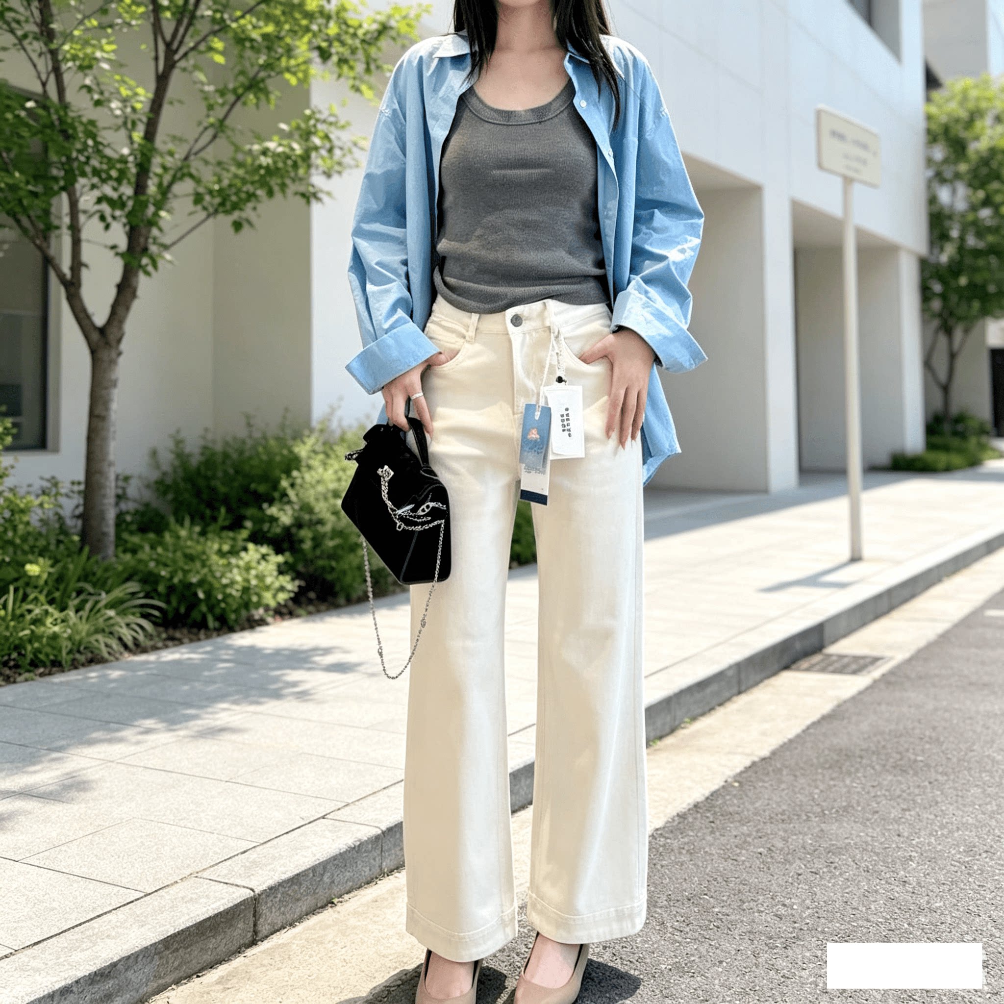 春秋新宠！四面弹牛仔直筒裤女 奶白色卷边显瘦九分小个子裤子