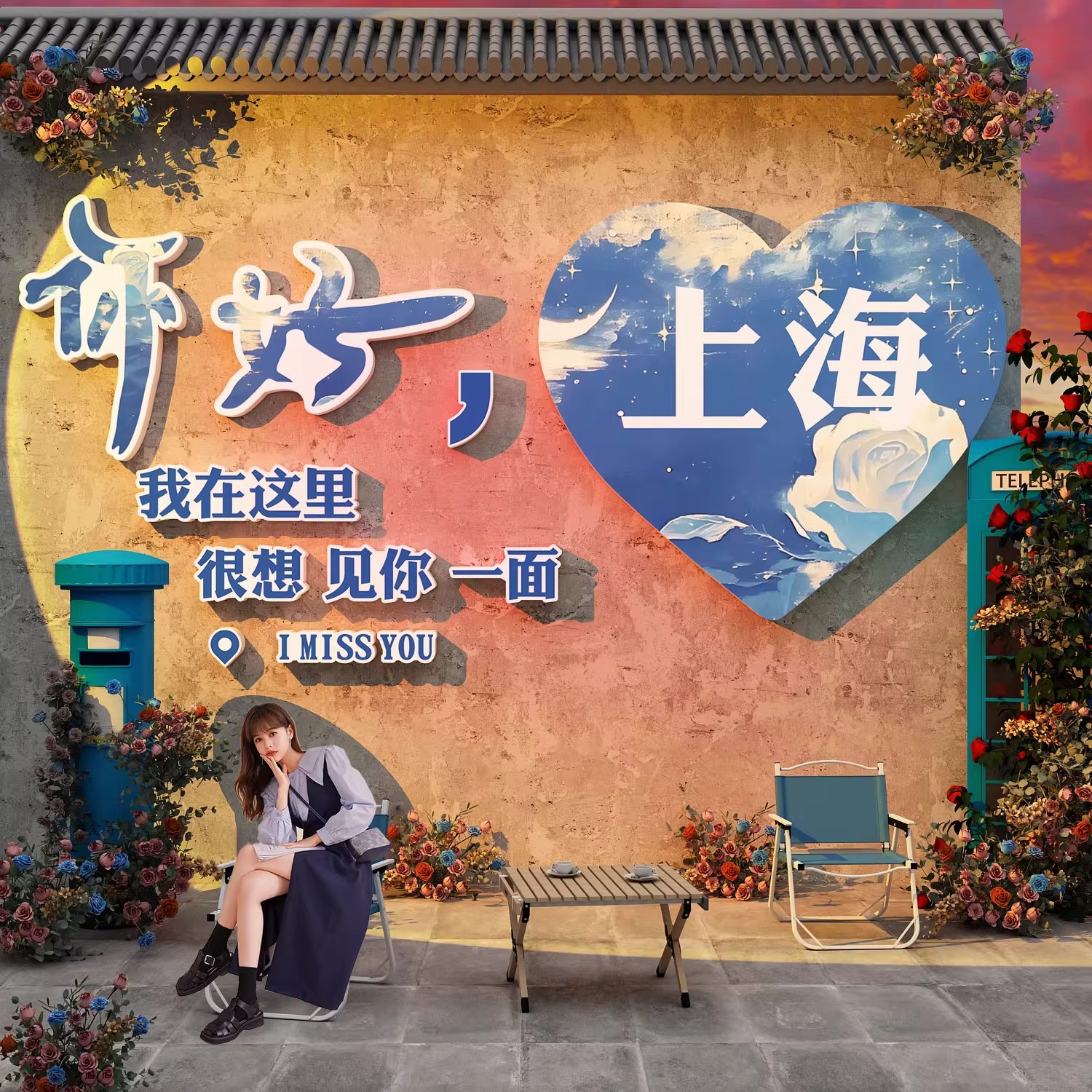 网红打卡拍照区布置户外民宿地名门店背景花墙面装饰摆件造场景贴