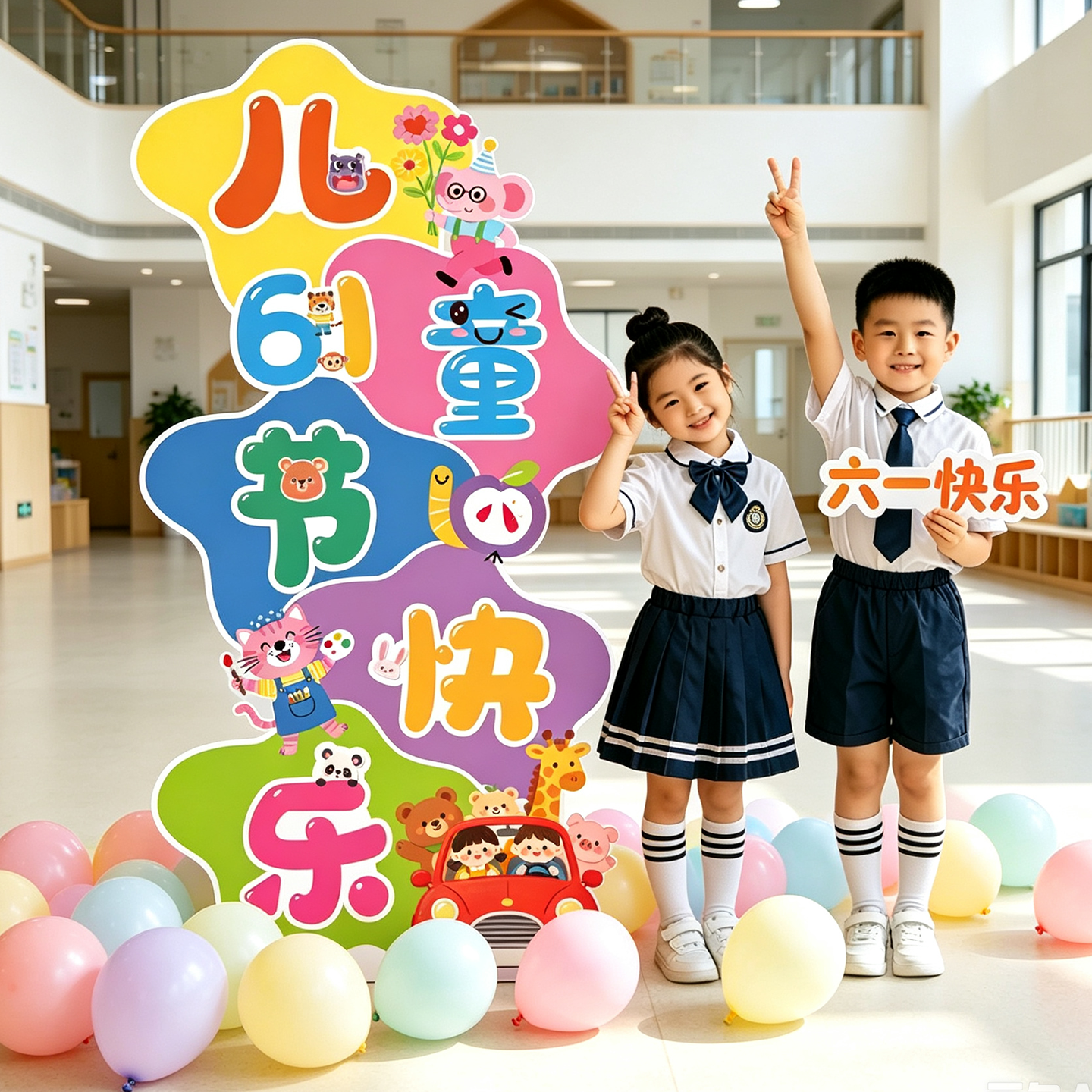 幼儿园六一儿童节教室场景布置装饰学校活动打卡气球立柱道具kt板