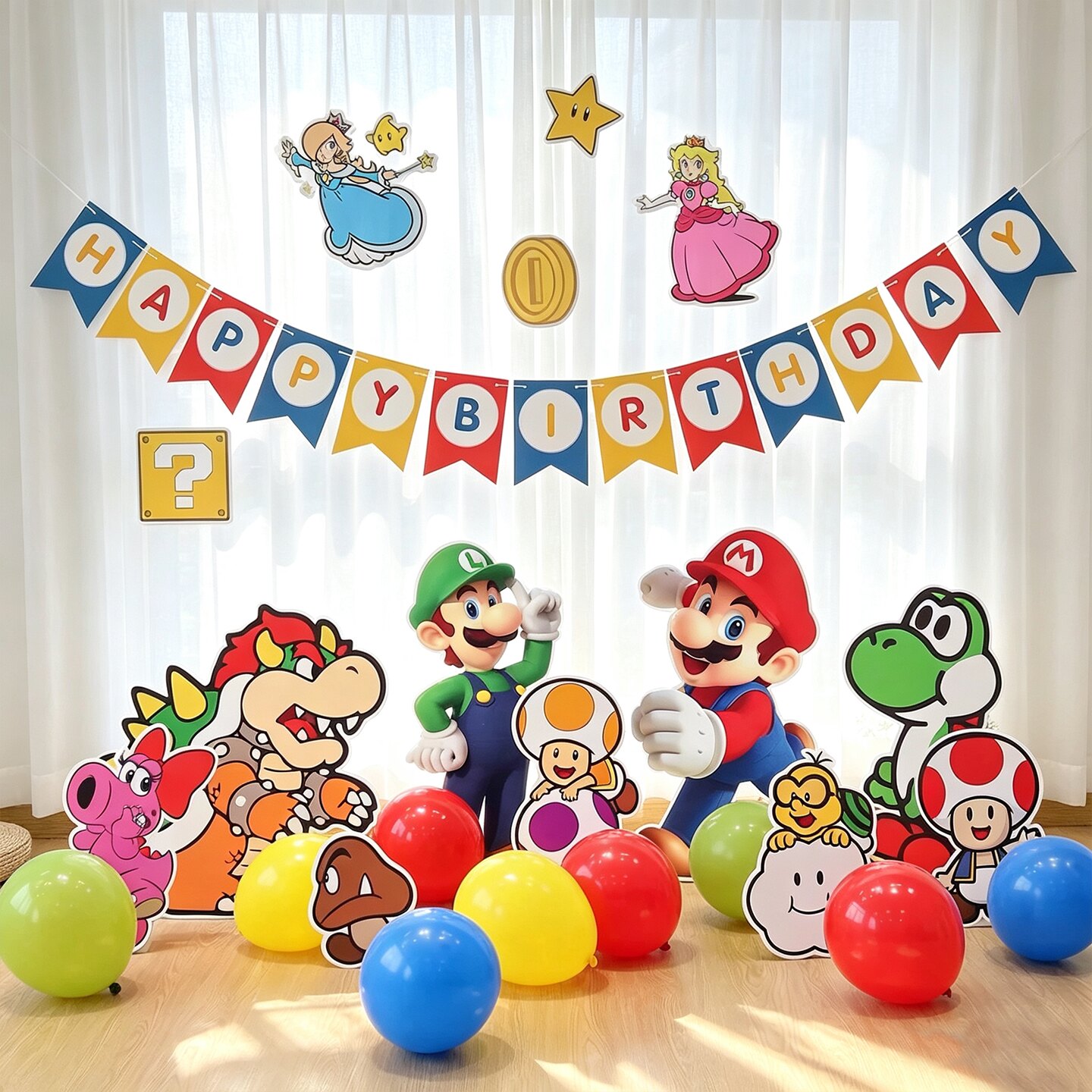 超级马里奥Mario生日布置场景装饰男女孩气球5周岁派对背景墙kt板