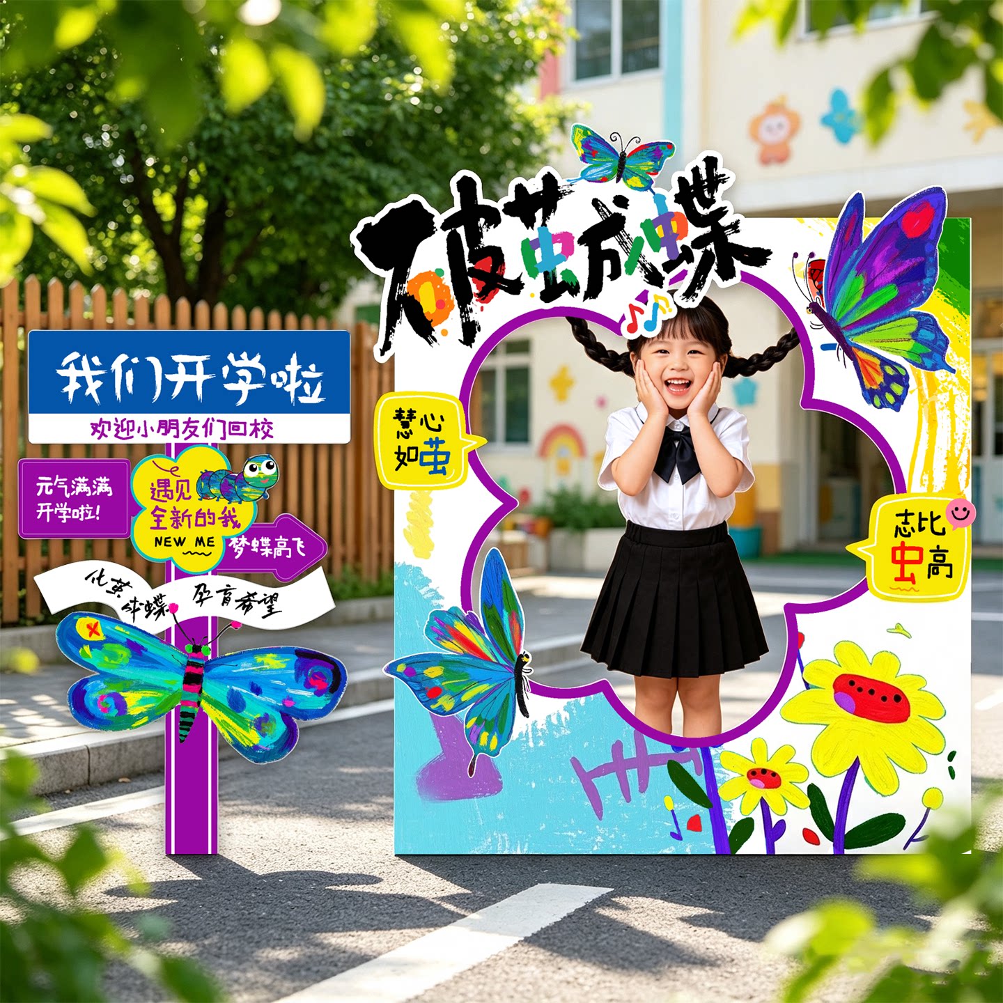 我们开学啦破茧成蝶主题氛围感装饰幼儿园学校教室拍照框门口布置