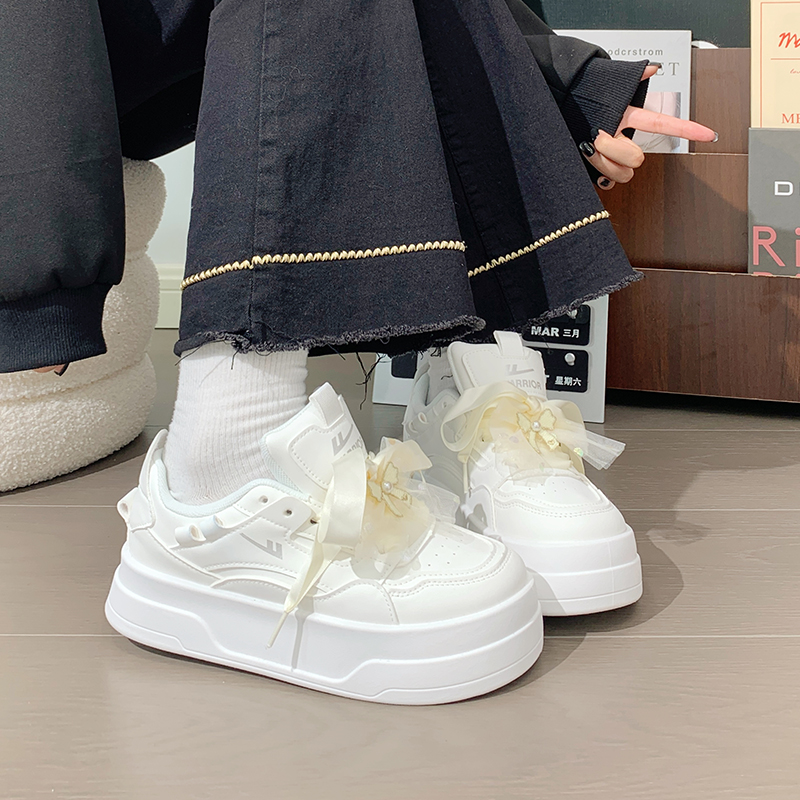 回力女鞋蕾丝蝴蝶结厚底小白鞋