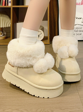 回力可爱毛球厚底雪地靴女皮毛一体冬季加绒保暖棉鞋爆款短筒靴子