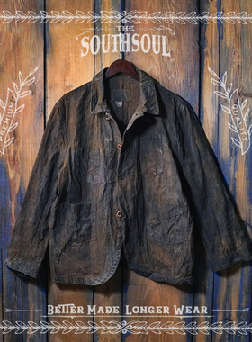 复古重磅纯棉细帆布植物染铁路工装夹克手工柿染铁锈染草木染外套