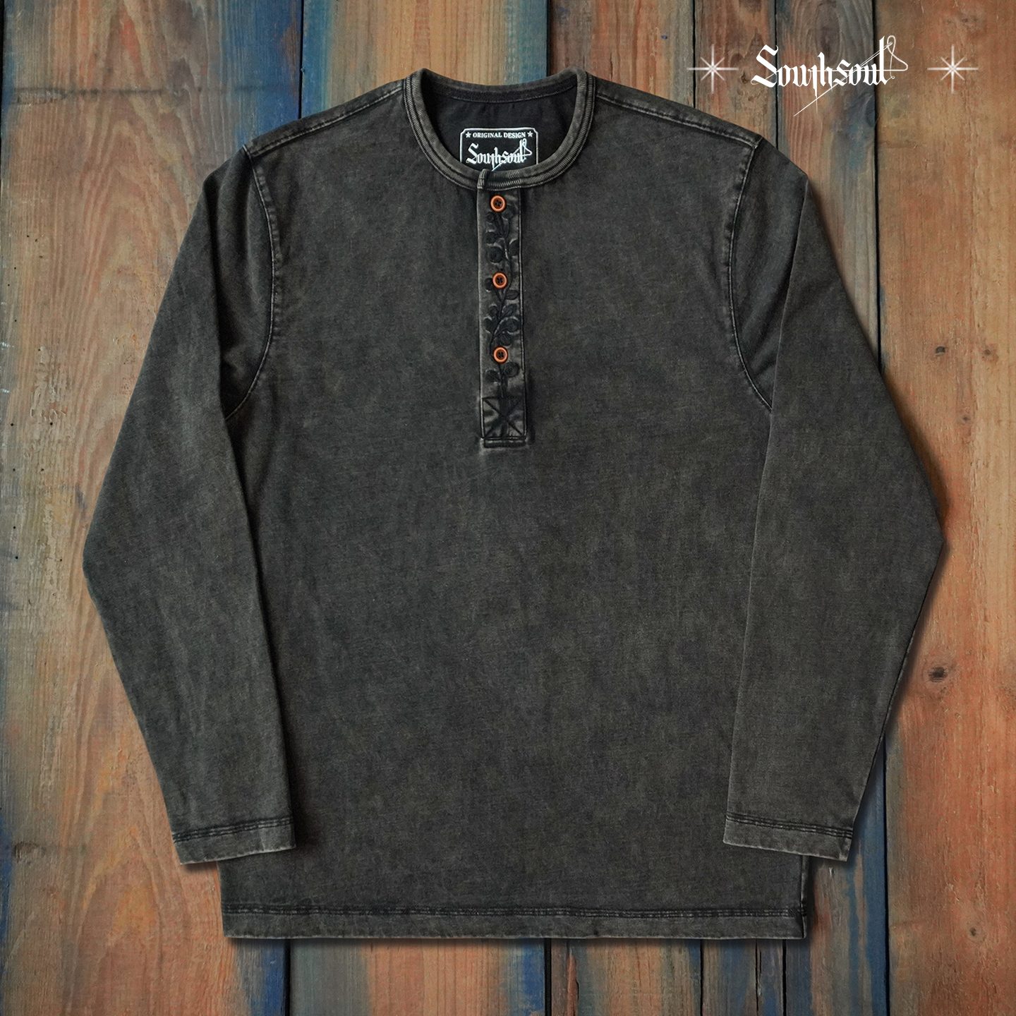 美式复古纯棉洗水做旧长袖亨利衫